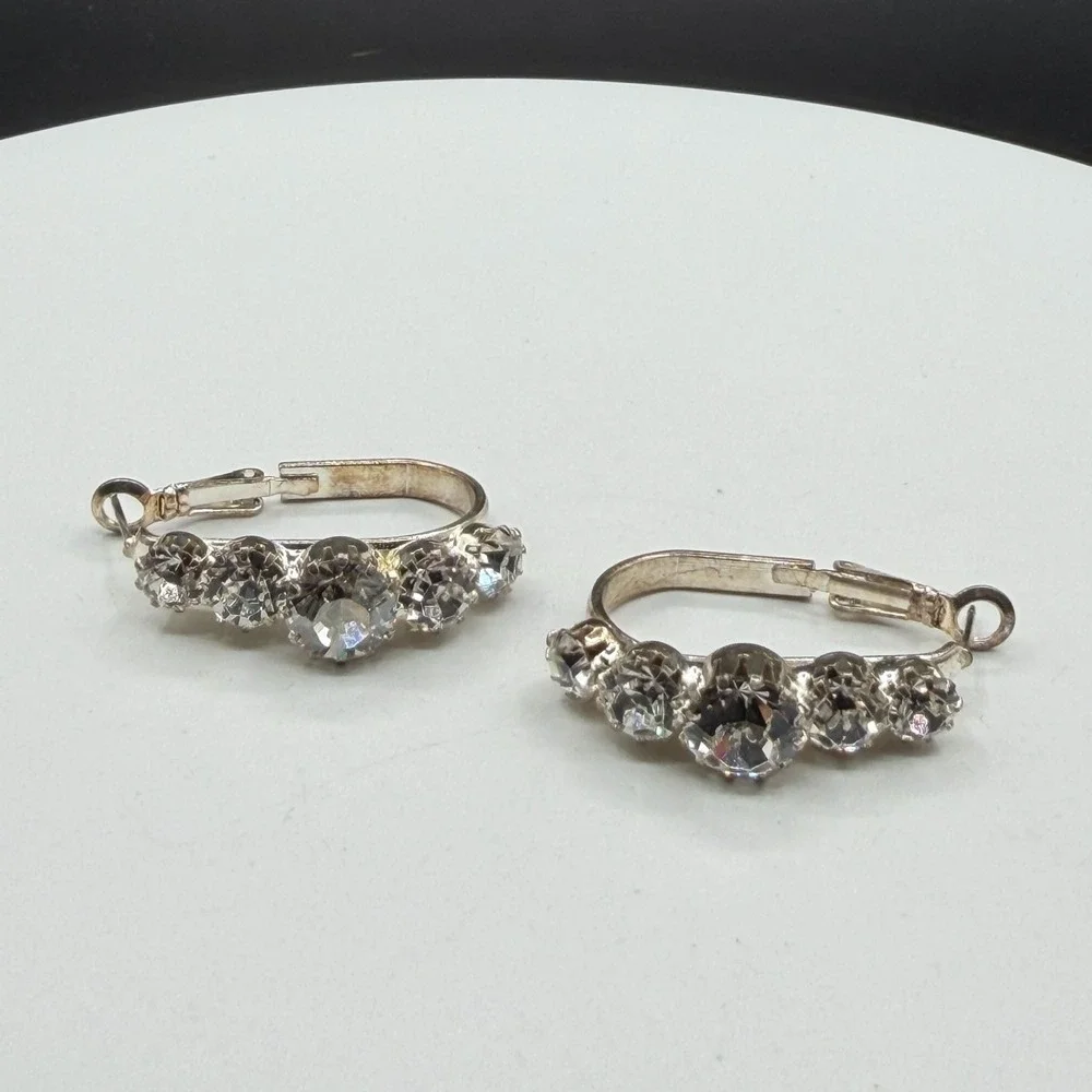 Rhinestone Hoop Earrings Silver Tone Clear Crystal Statement Wedding Glam Gift
